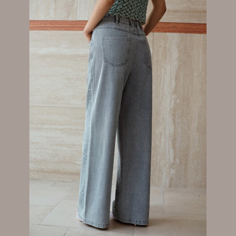 Silver Rhinestone Ripped Wide Leg Jeans - Picture 3 of 6